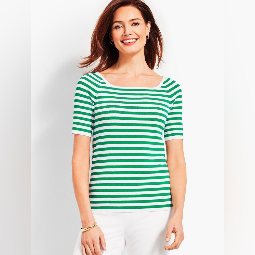 Talbots Green and White Striped Square Neck Short Sleeve Top Sz S